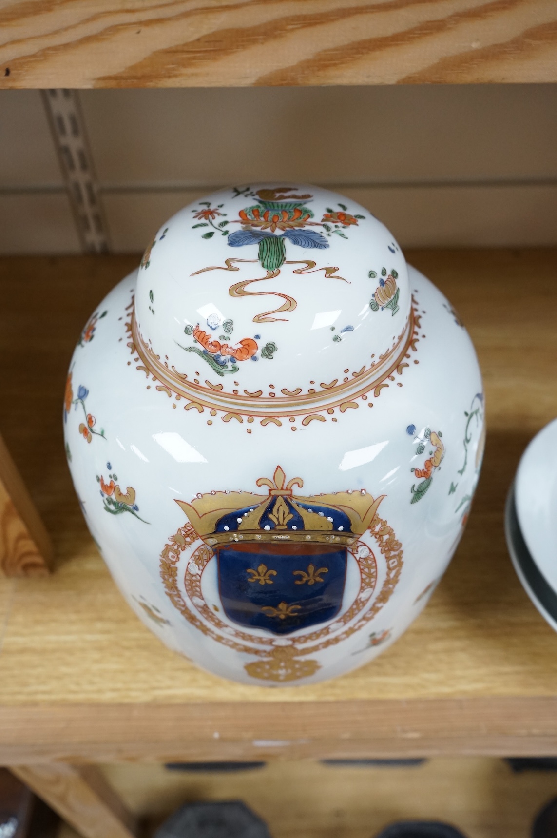 A Samson armorial jar and cover and two Chinese famille rose bowls, jar and cover 26cm high